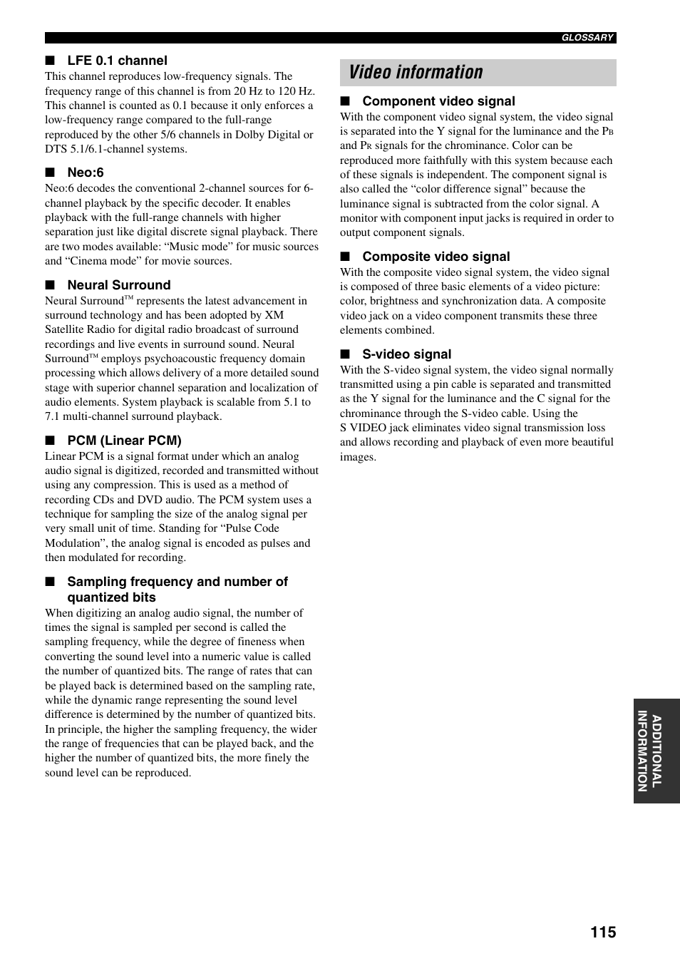 Video information | Yamaha HTR-5960 User Manual | Page 119 / 128