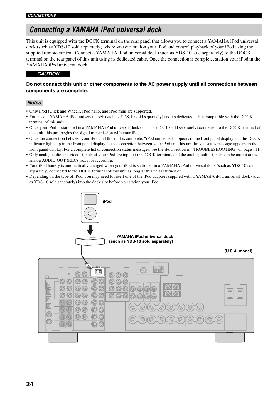 Connecting a yamaha ipod universal dock | Yamaha HTR-5960 User Manual | Page 28 / 128