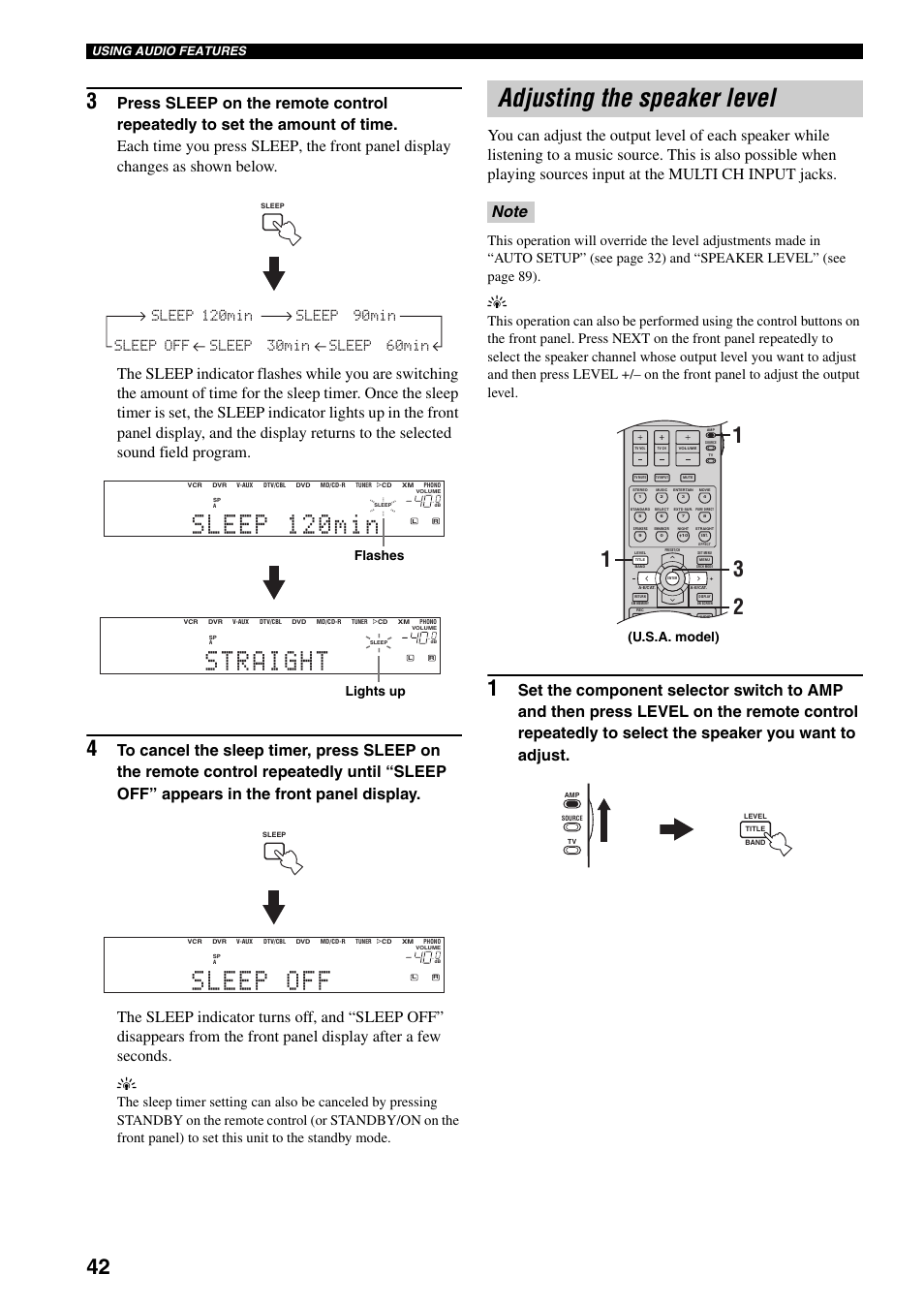 Adjusting the speaker level, Flashes, Lights up | U.s.a. model), Using audio features | Yamaha HTR-5960 User Manual | Page 46 / 128