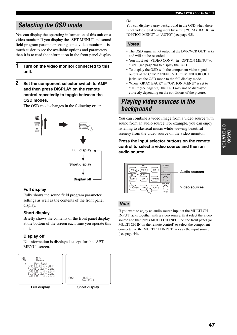 Selecting the osd mode, Playing video sources in the background, P02 music | Yamaha HTR-5960 User Manual | Page 51 / 128