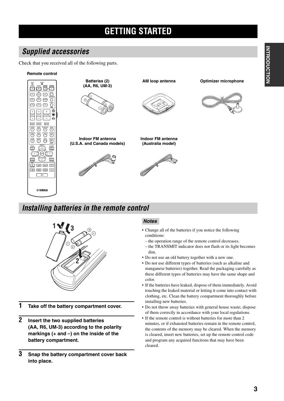 Getting started, Supplied accessories, Installing batteries in the remote control | Take off the battery compartment cover, Snap the battery compartment cover back into place | Yamaha HTR-5960 User Manual | Page 7 / 128