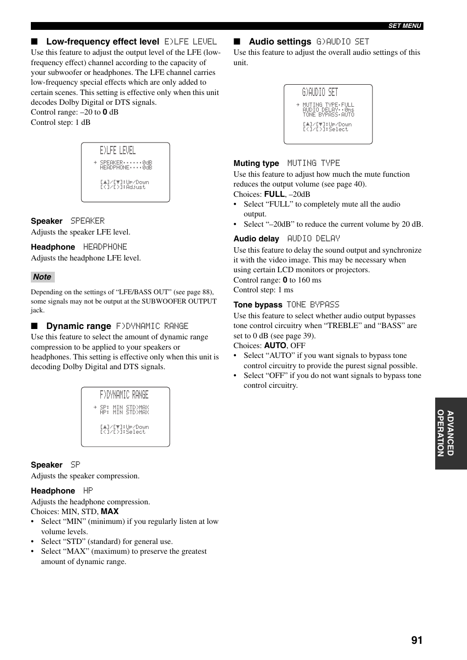 E)lfe level, F)dynamic range, G)audio set | Yamaha HTR-5960 User Manual | Page 95 / 128