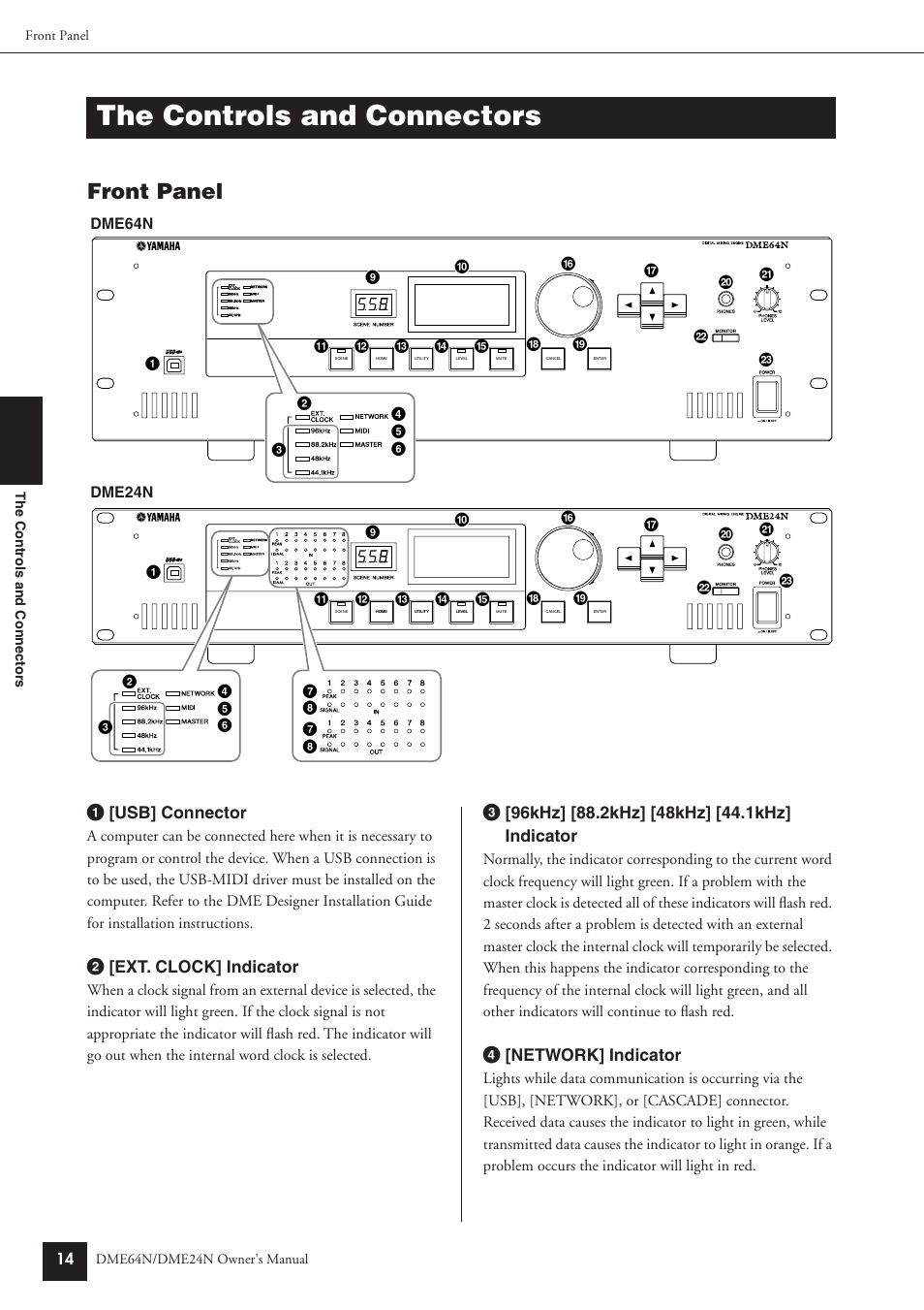 The controls and connectors, Front panel, 1 [usb] connector | 2 [ext. clock] indicator, 4 [network] indicator, Dme64n dme24n | Yamaha DME24N User Manual | Page 14 / 80