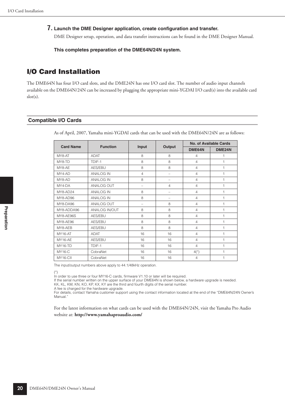 I/o card installation, Compatible i/o cards | Yamaha DME24N User Manual | Page 20 / 80