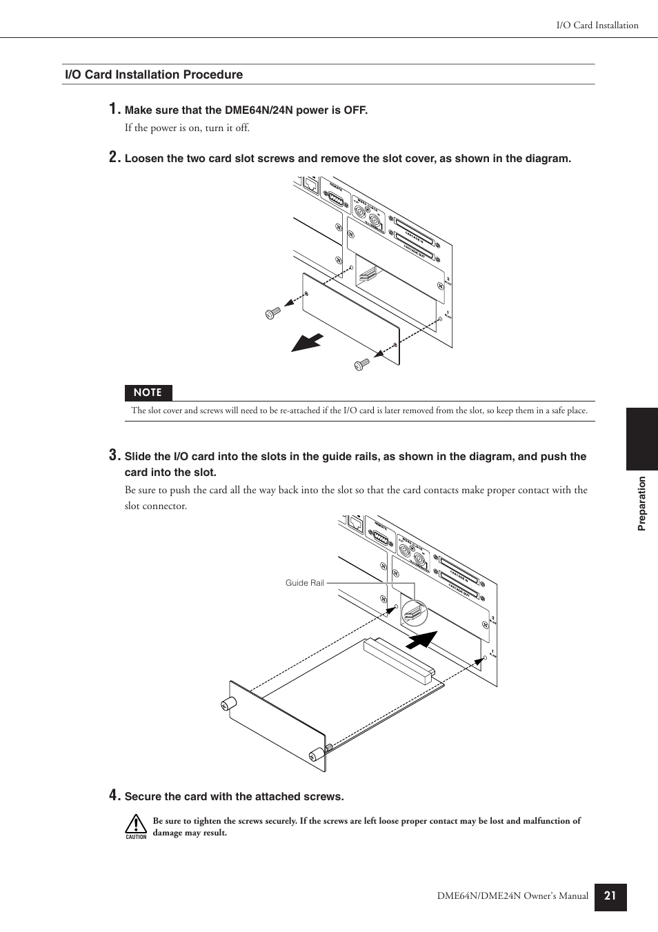 I/o card installation procedure | Yamaha DME24N User Manual | Page 21 / 80