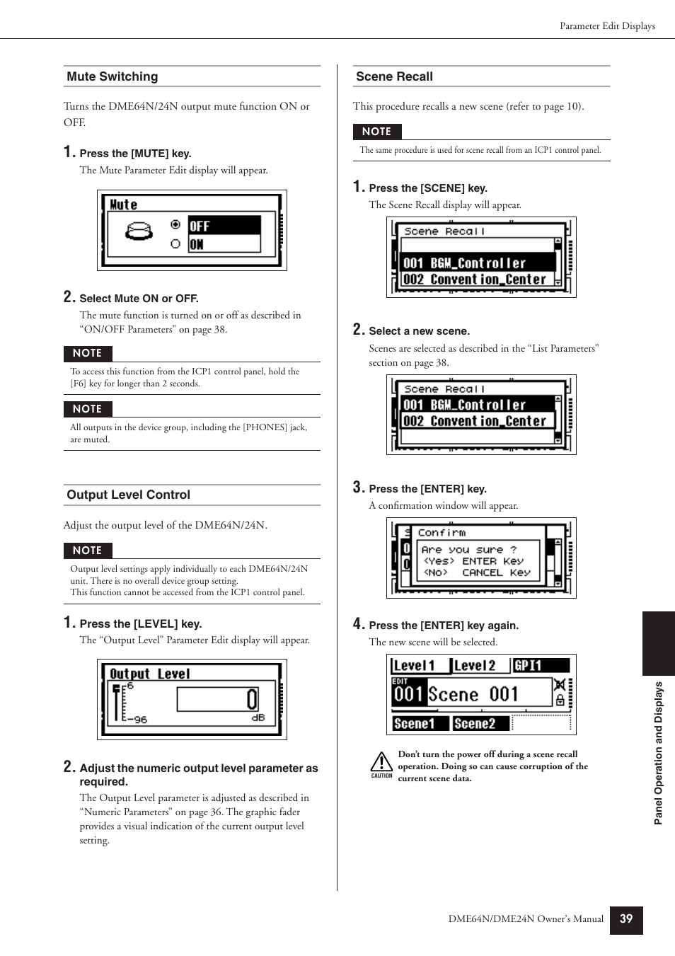 Mute switching, Output level control, Scene recall | Yamaha DME24N User Manual | Page 39 / 80