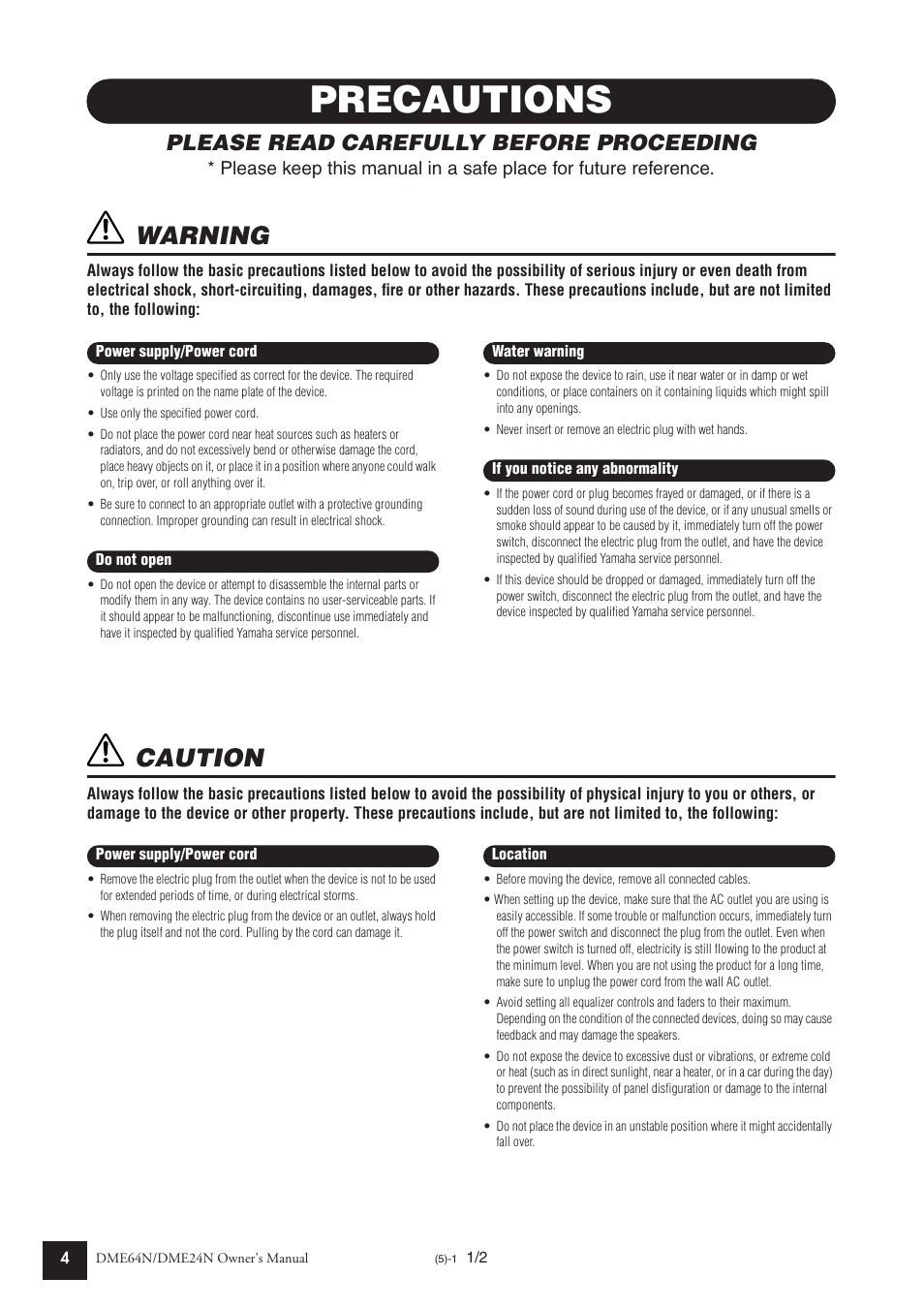 Precautions, Warning, Caution | Please read carefully before proceeding | Yamaha DME24N User Manual | Page 4 / 80