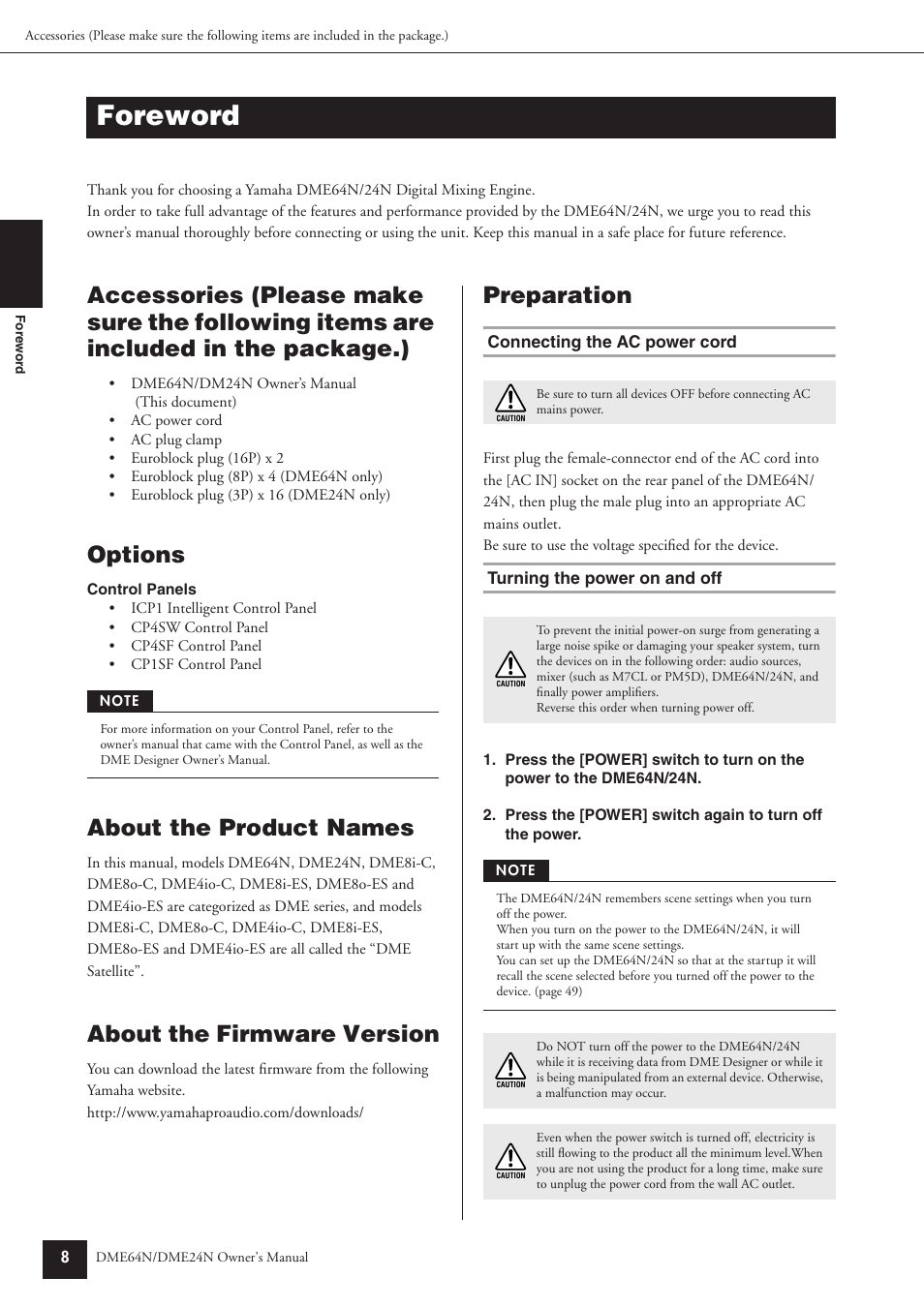 Foreword, Options, About the product names | About the firmware version, Preparation, Connecting the ac power cord, Turning the power on and off | Yamaha DME24N User Manual | Page 8 / 80