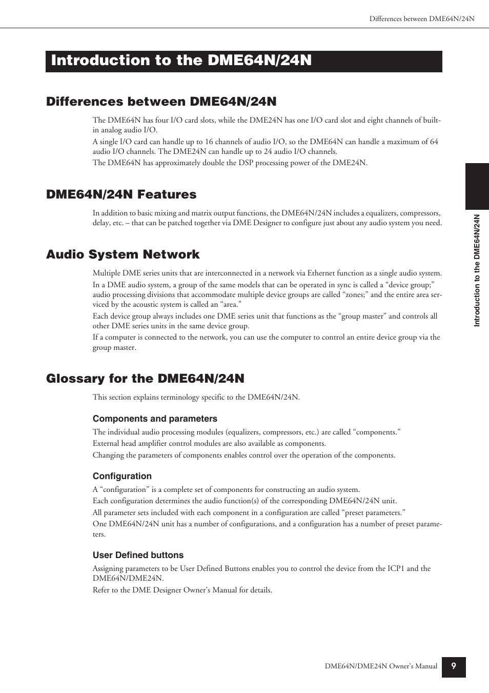 Introduction to the dme64n/24n, Differences between dme64n/24n, Dme64n/24n features | Audio system network, Glossary for the dme64n/24n | Yamaha DME24N User Manual | Page 9 / 80