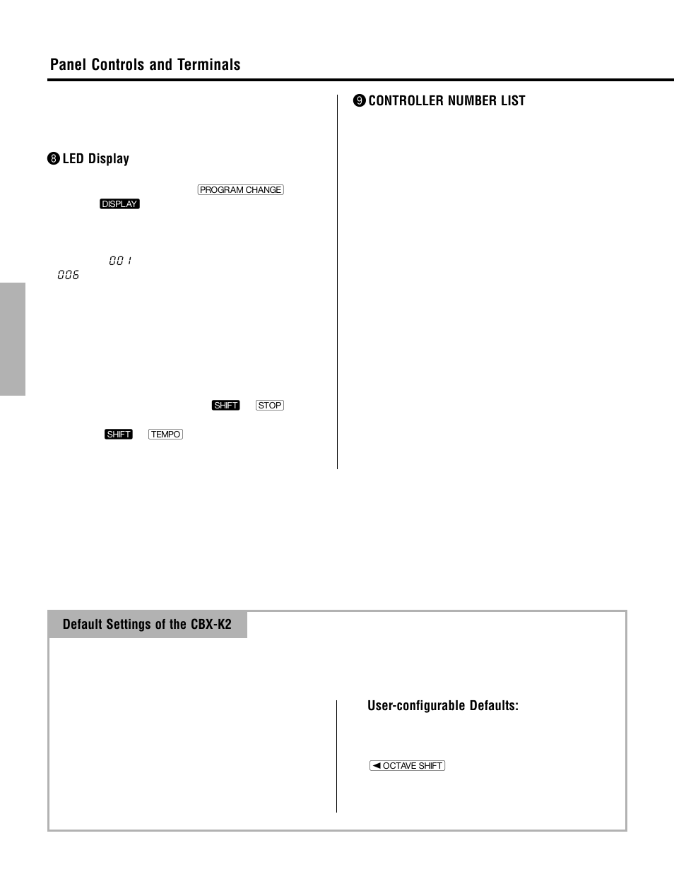 Default settings of the cbx-k2, Panel controls and terminals | Yamaha CBX-K2 User Manual | Page 10 / 44