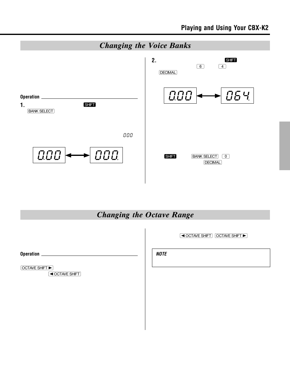 Changing the voice banks, Changing the octave range, Playing and using your cbx-k2 | Yamaha CBX-K2 User Manual | Page 17 / 44