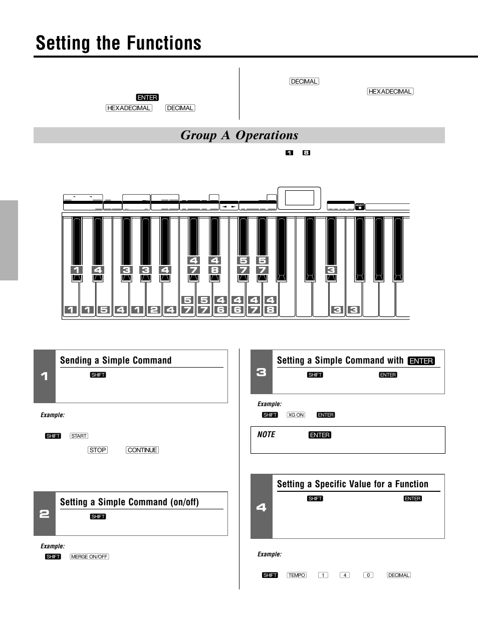 Setting the functions, Group a operations, Sending a simple command | Setting a simple command with l, Setting a simple command (on/off), Setting a specific value for a function, Either l key can be used for these commands | Yamaha CBX-K2 User Manual | Page 22 / 44