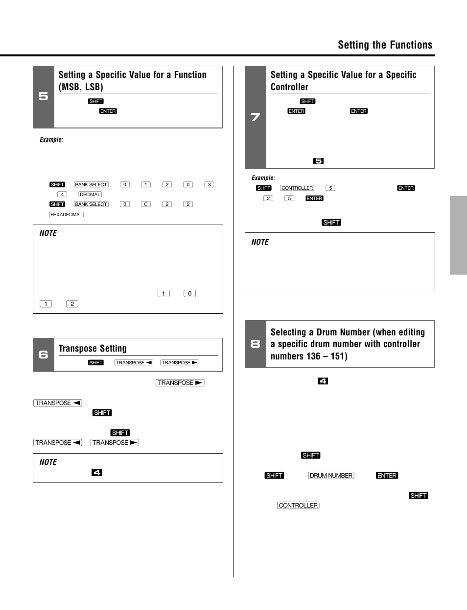 Setting the functions, Setting a specific value for a function (msb, lsb), Setting a specific value for a specific controller | Transpose setting | Yamaha CBX-K2 User Manual | Page 23 / 44