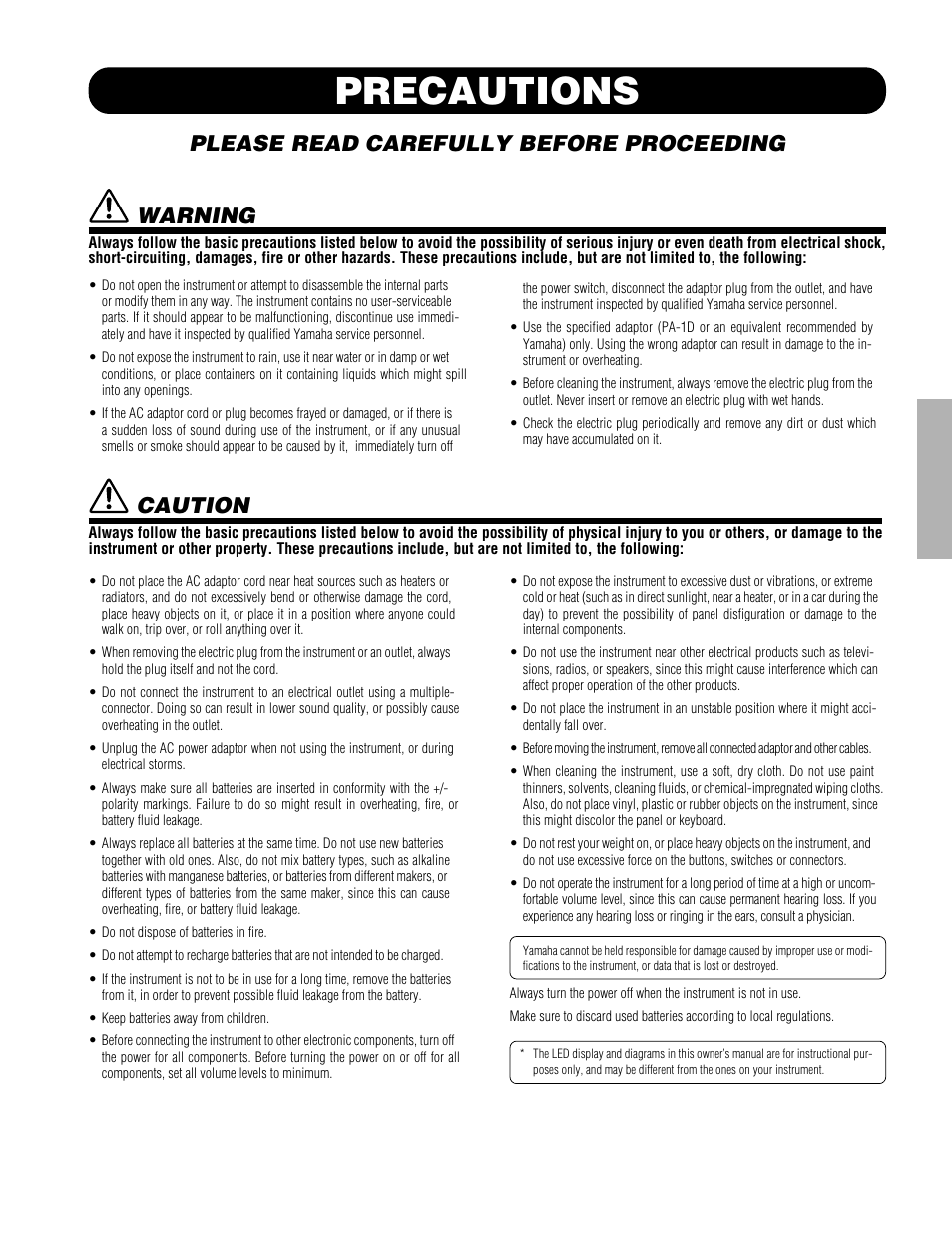 Precautions, Please read carefully before proceeding, Caution | Warning | Yamaha CBX-K2 User Manual | Page 3 / 44