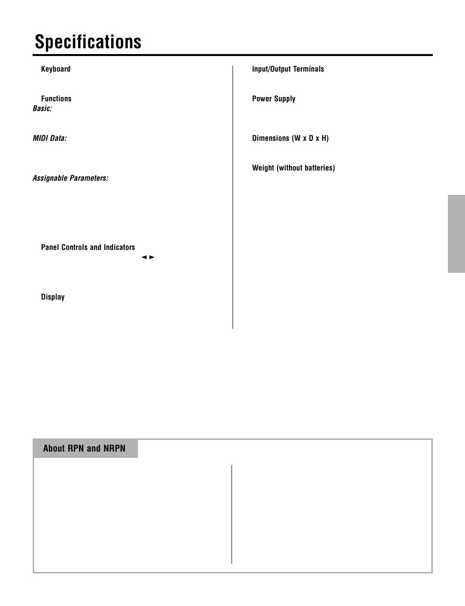 Specifications, About rpn and nrpn | Yamaha CBX-K2 User Manual | Page 39 / 44