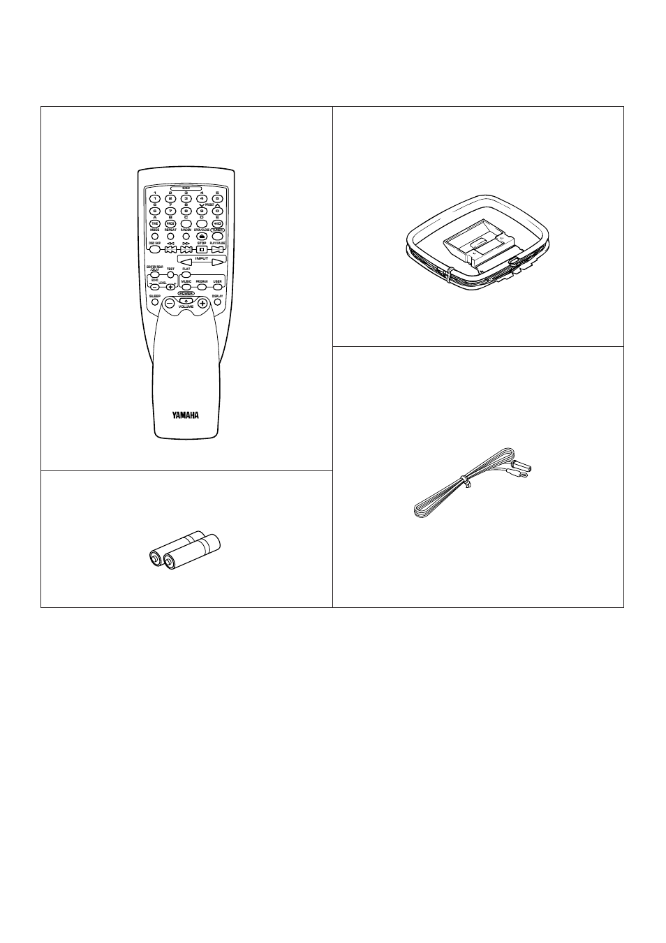 Supplied accessories, Accesorios incluidos, Remote control transmitter | Controlador remoto, Batteries (size aa, um/sum-3, r6, hp-7), Pilas (tamaño aa, tipo um/sum-3, r6, hp-7), Am loop antenna, Antena de cuadro am, Indoor fm antenna, Antena interior de fm | Yamaha EMX100CD User Manual | Page 2 / 45