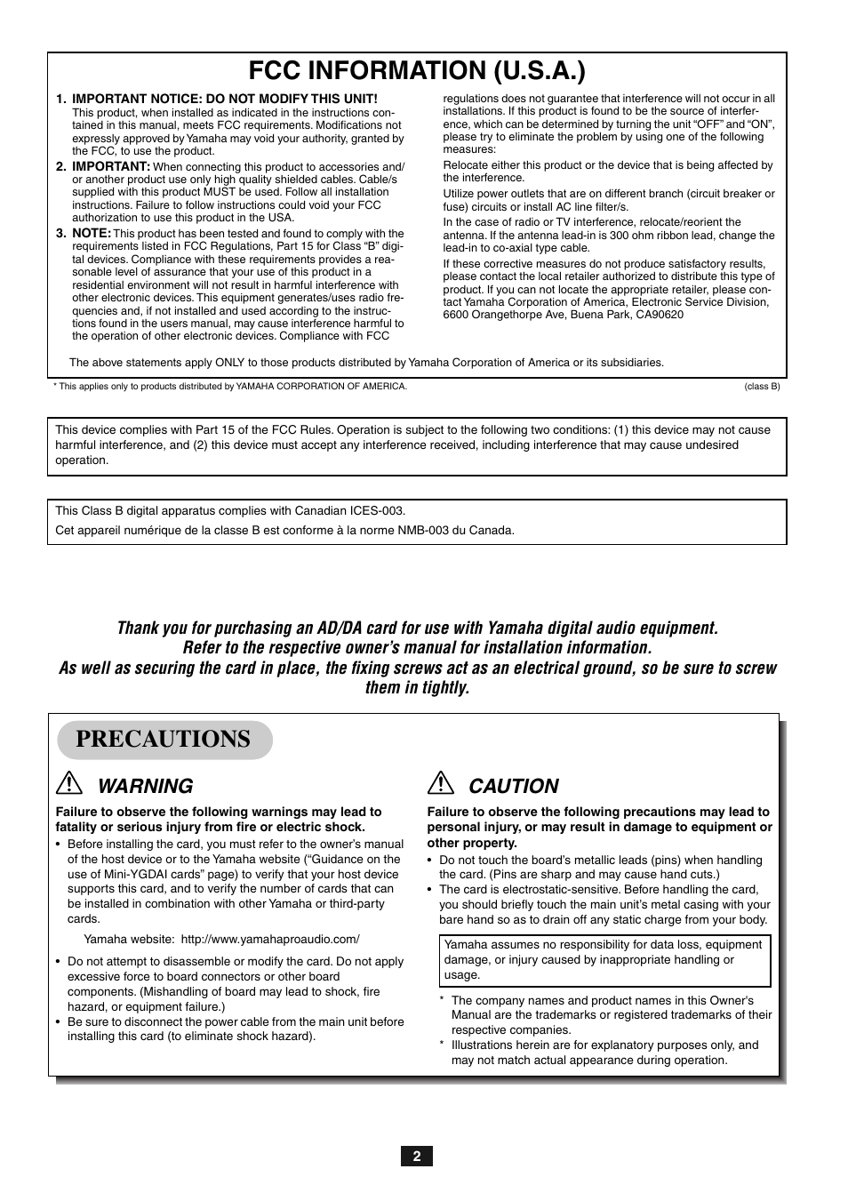 Fcc information, Precautions, Fcc information (u.s.a.) | Warning, Caution | Yamaha MY8-ADDA96 User Manual | Page 2 / 8