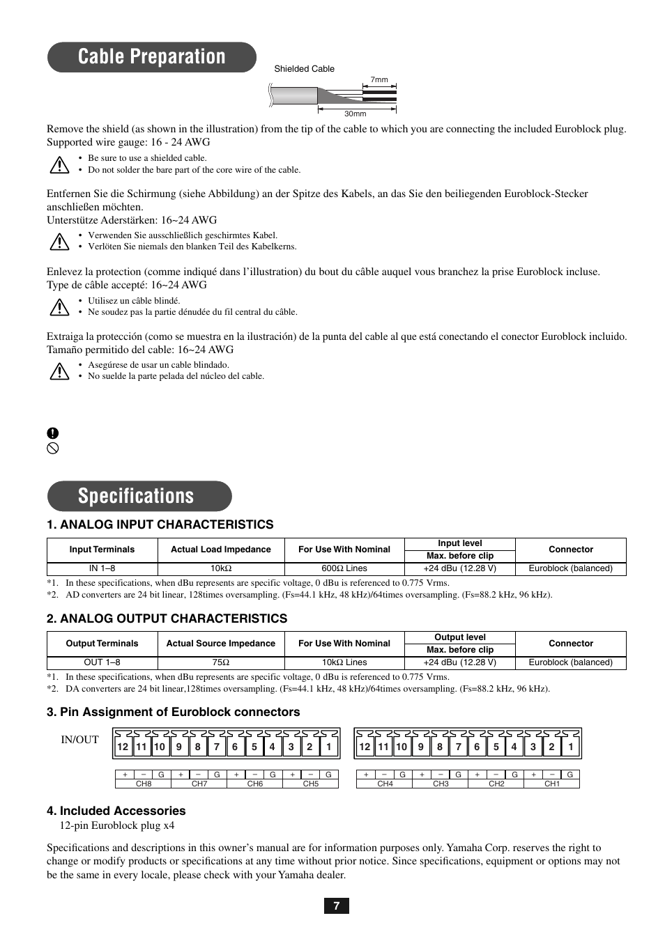 Cable preparation, Specifications, Analog input characteristics | Analog output characteristics | Yamaha MY8-ADDA96 User Manual | Page 7 / 8