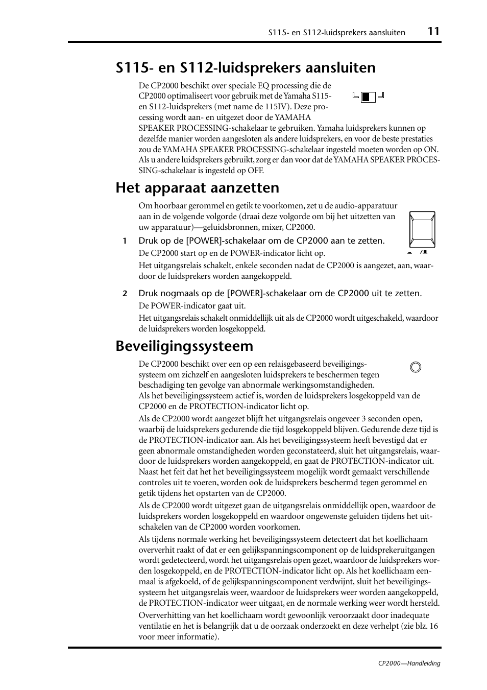 Het apparaat aanzetten, Beveiligingssysteem | Yamaha CP2000 User Manual | Page 15 / 20