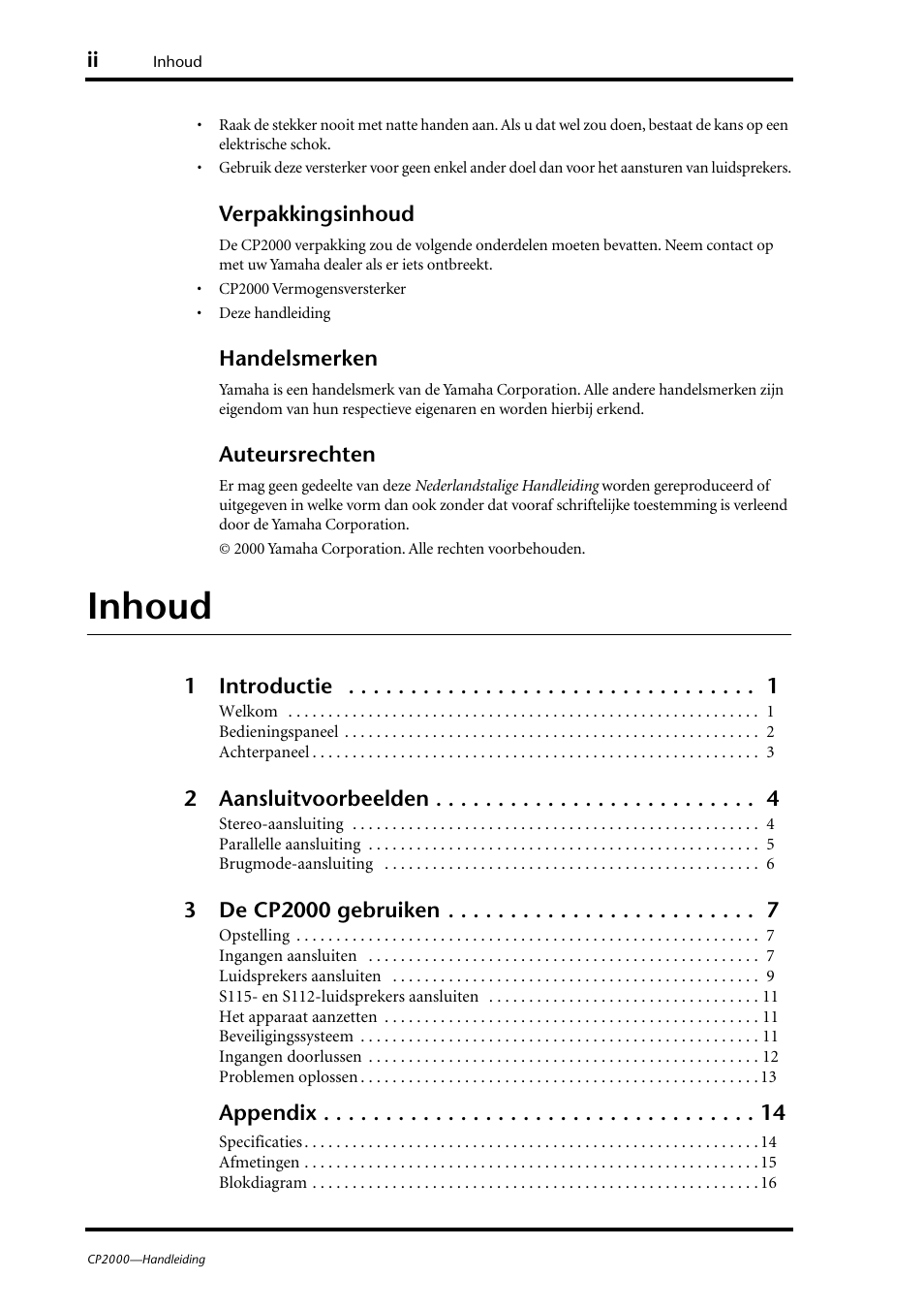 Inhoud | Yamaha CP2000 User Manual | Page 4 / 20