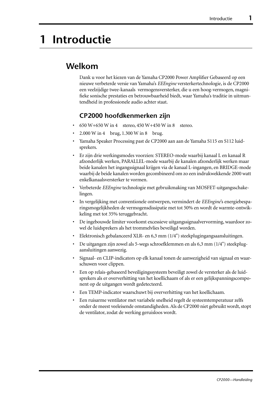 1 introductie, Welkom, Cp2000 hoofdkenmerken zijn | Yamaha CP2000 User Manual | Page 5 / 20