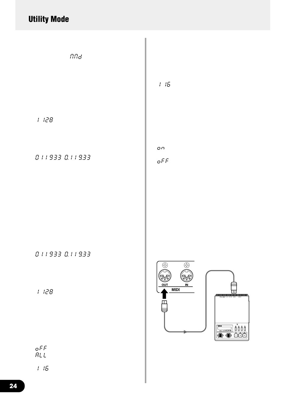 Midi functions, Utility mode | Yamaha DG60FX-112 User Manual | Page 24 / 32