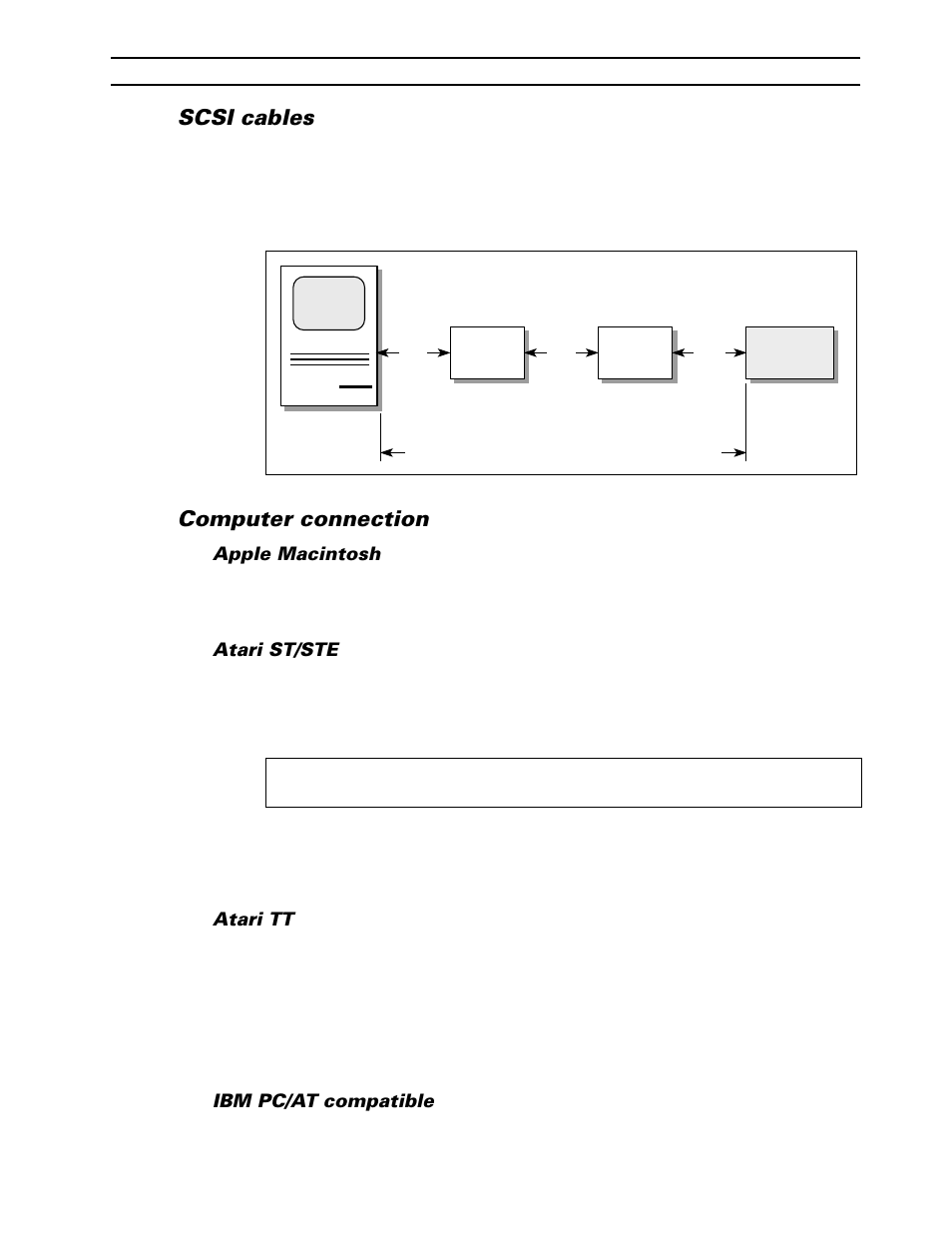 Scsi cables, Computer connection, Apple macintosh | Atari st/ste, Atari tt, Ibm pc/at compatible | Yamaha CBX-D5 User Manual | Page 21 / 76