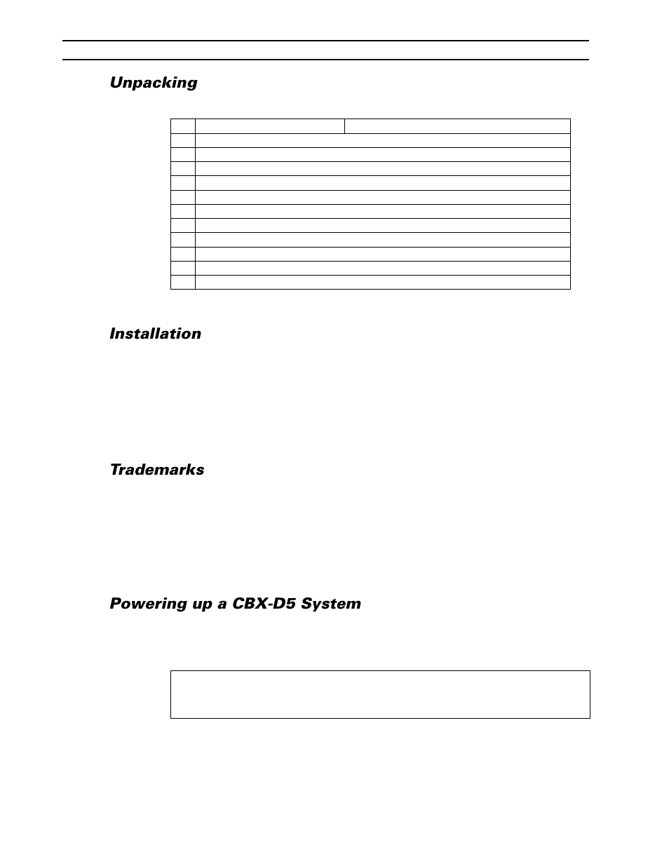 Unpacking, Installation, Trademarks | Powering up a cbx-d5 system | Yamaha CBX-D5 User Manual | Page 8 / 76