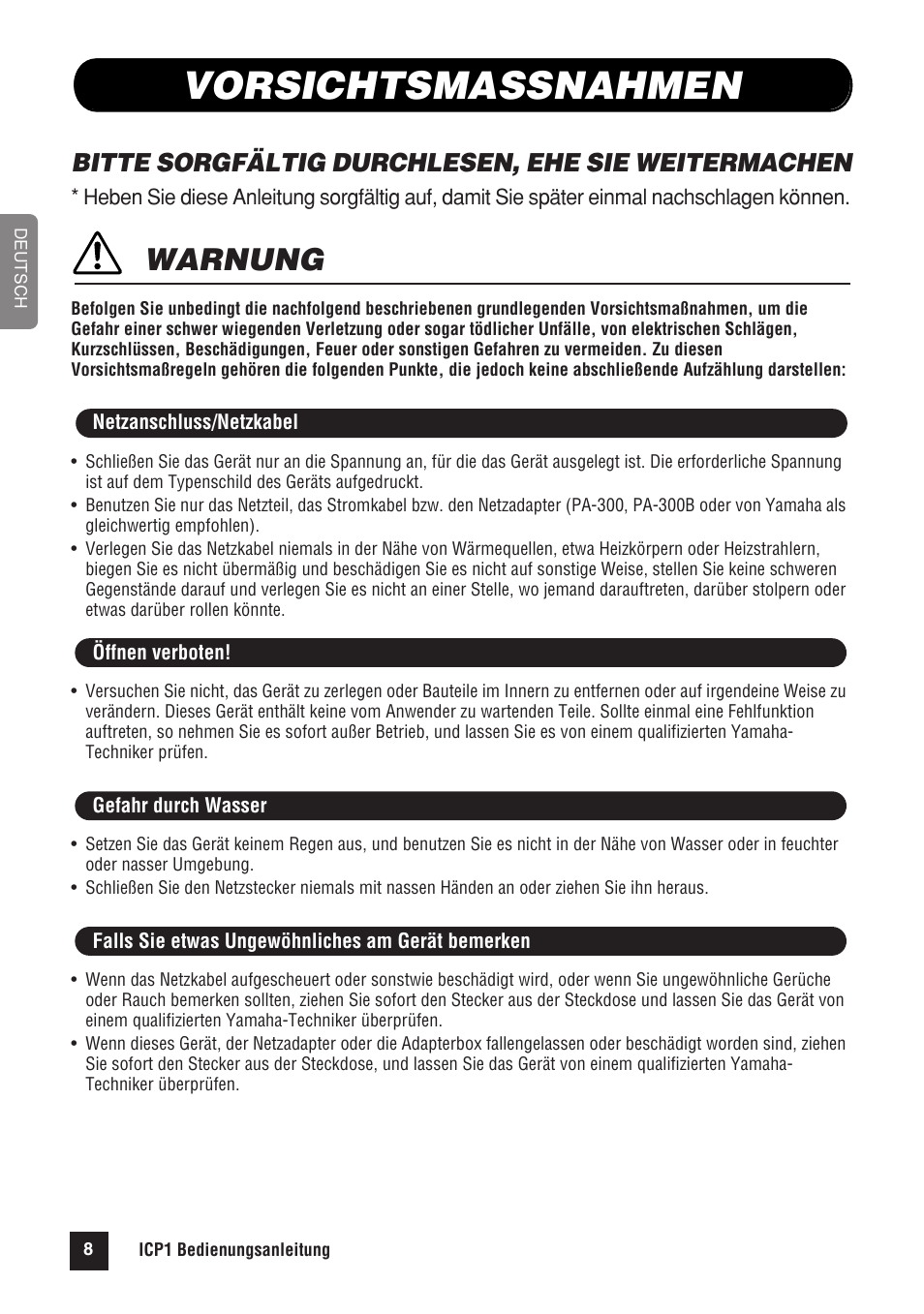 Vorsichtsmassnahmen, Warnung, Bitte sorgfältig durchlesen, ehe sie weitermachen | Yamaha ICP1 User Manual | Page 4 / 12