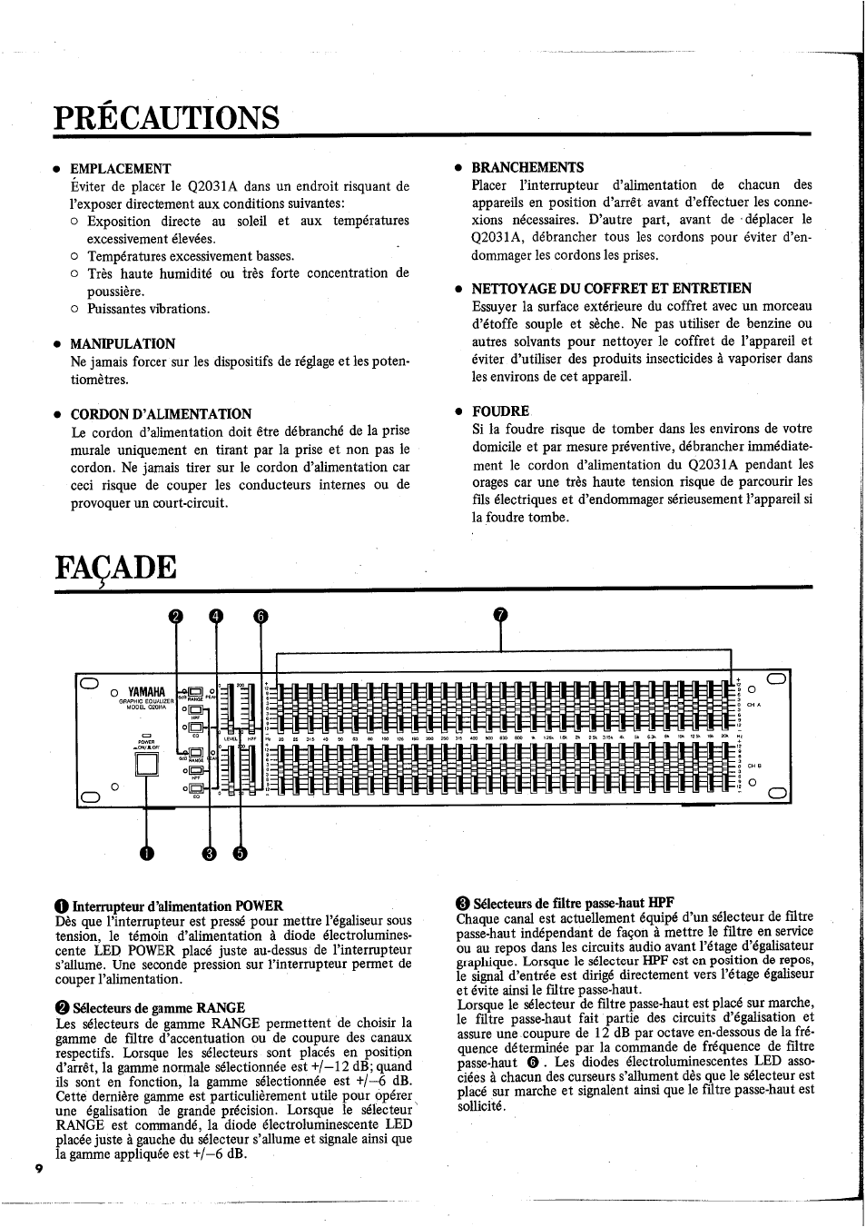 Precautions, Façade, Précautions | Yamaha Q2031A User Manual | Page 10 / 20