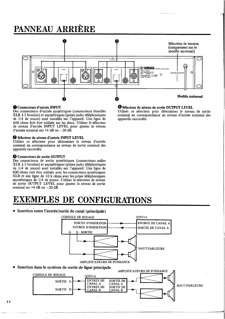 Panneau arriere, Exemples de configurations, Panneau arrière | Yamaha Q2031A User Manual | Page 12 / 20