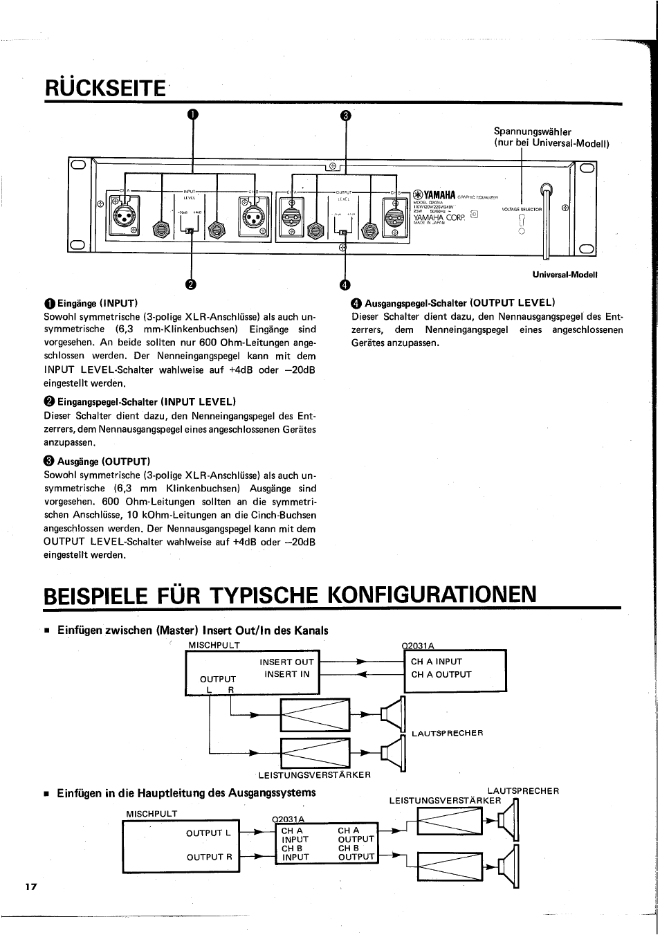 Rückseite, Beispiele für typische konfigurationen, Einfügen in die hauptleitung des ausgangssystems | Yamaha Q2031A User Manual | Page 18 / 20