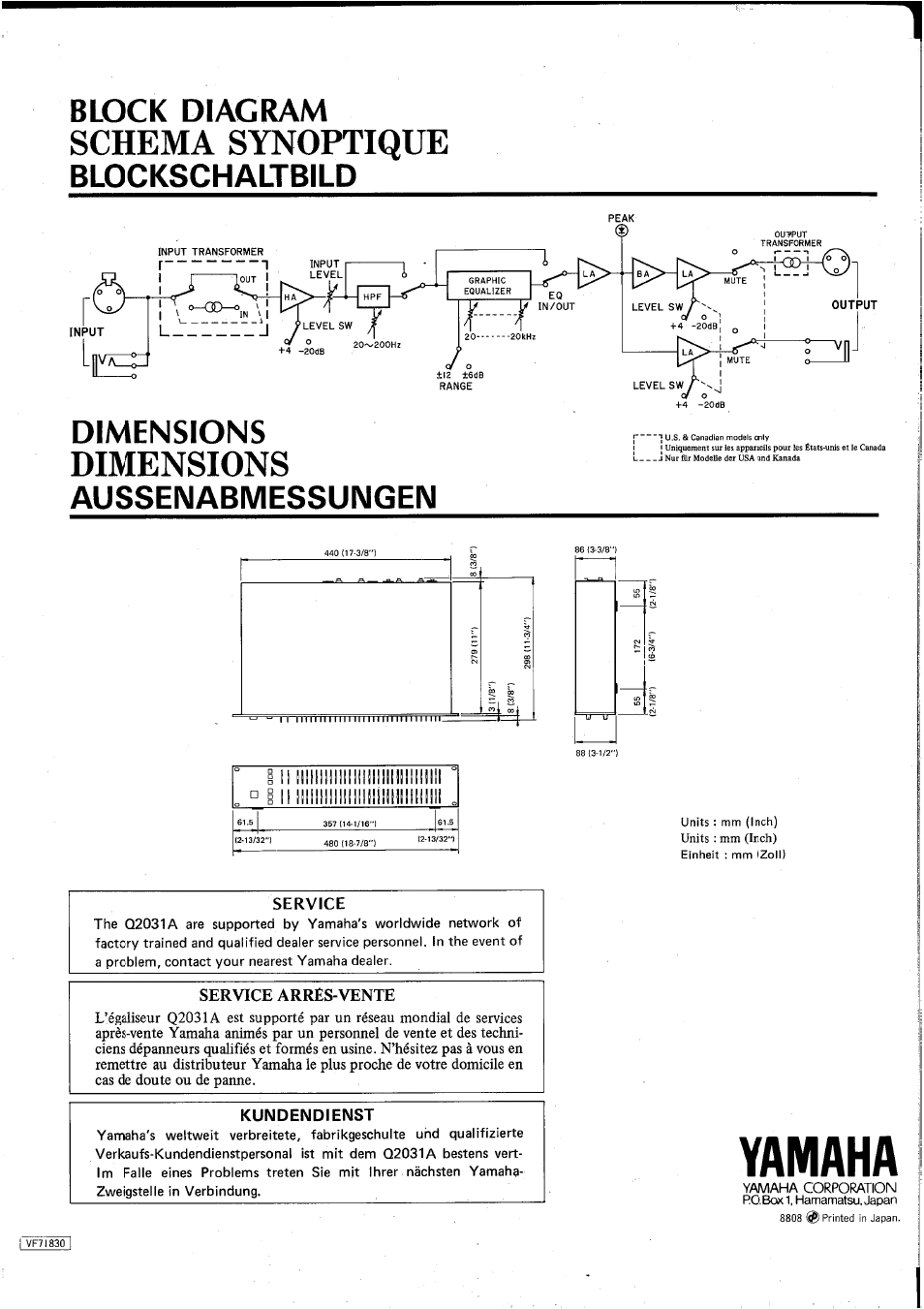 Block diagram schema synoptique blockschaltbild, Dimensions, Aussenabmessungen | Yamaha, Schema synoptique, Block diagram, Blockschaltbild | Yamaha Q2031A User Manual | Page 20 / 20