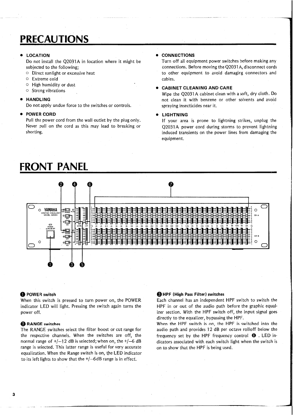 Precautions, Location, Handling | Power cord, Connections, Cabinet cleaning and care, Lightning, Front panel, O power switch, Q range switches | Yamaha Q2031A User Manual | Page 4 / 20