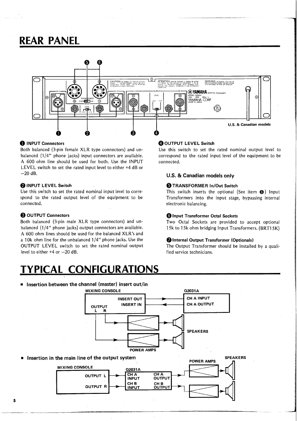 Rear panel, U.s. & canadian models only, Typical configurations | Insertion in the main line of the output system | Yamaha Q2031A User Manual | Page 6 / 20