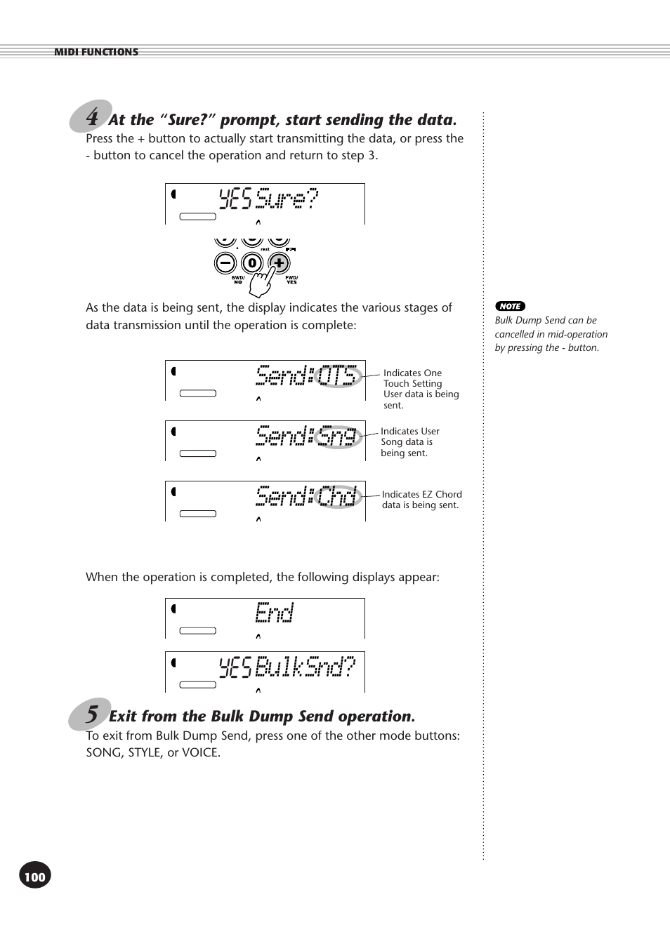 Sure, Bulksnd, Send:ots | Send:chd, Send:sng | Yamaha PSR-270 User Manual | Page 100 / 120