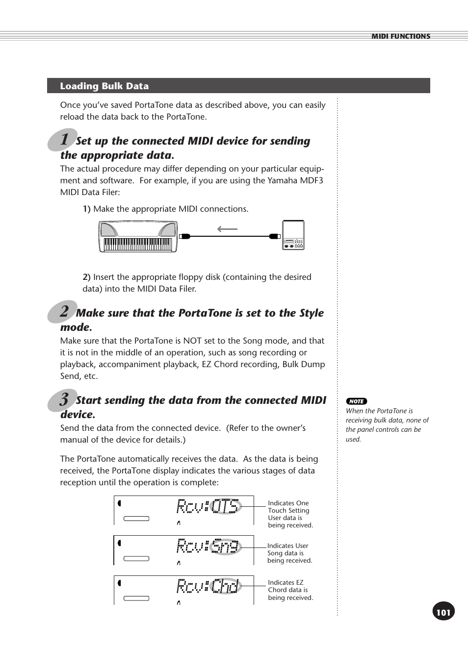 Loading bulk data, Rcv:sng, Rcv:chd | Rcv:ots | Yamaha PSR-270 User Manual | Page 101 / 120