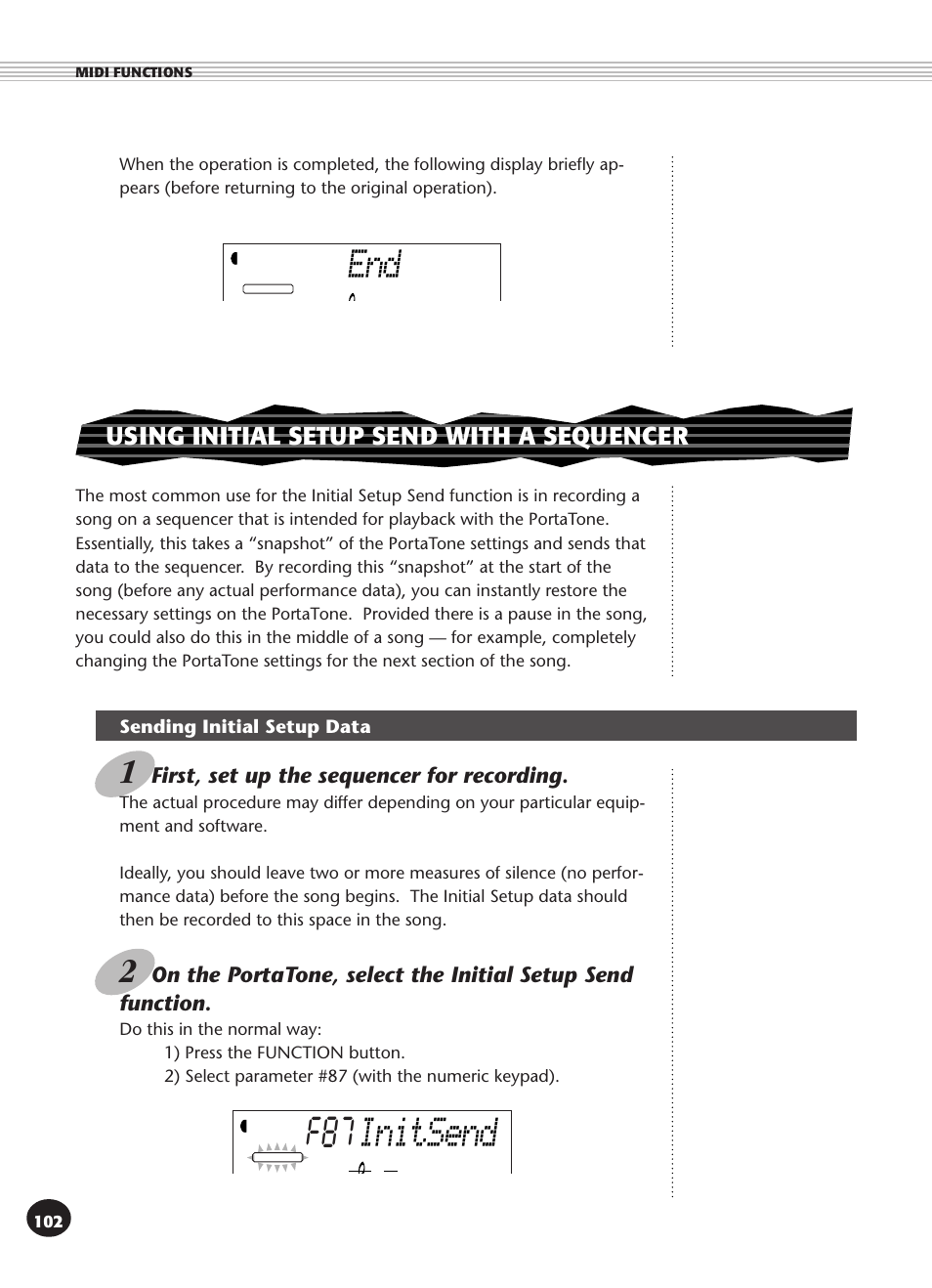 Using initial setup send with a sequencer, Sending initial setup data, Initsend | Yamaha PSR-270 User Manual | Page 102 / 120