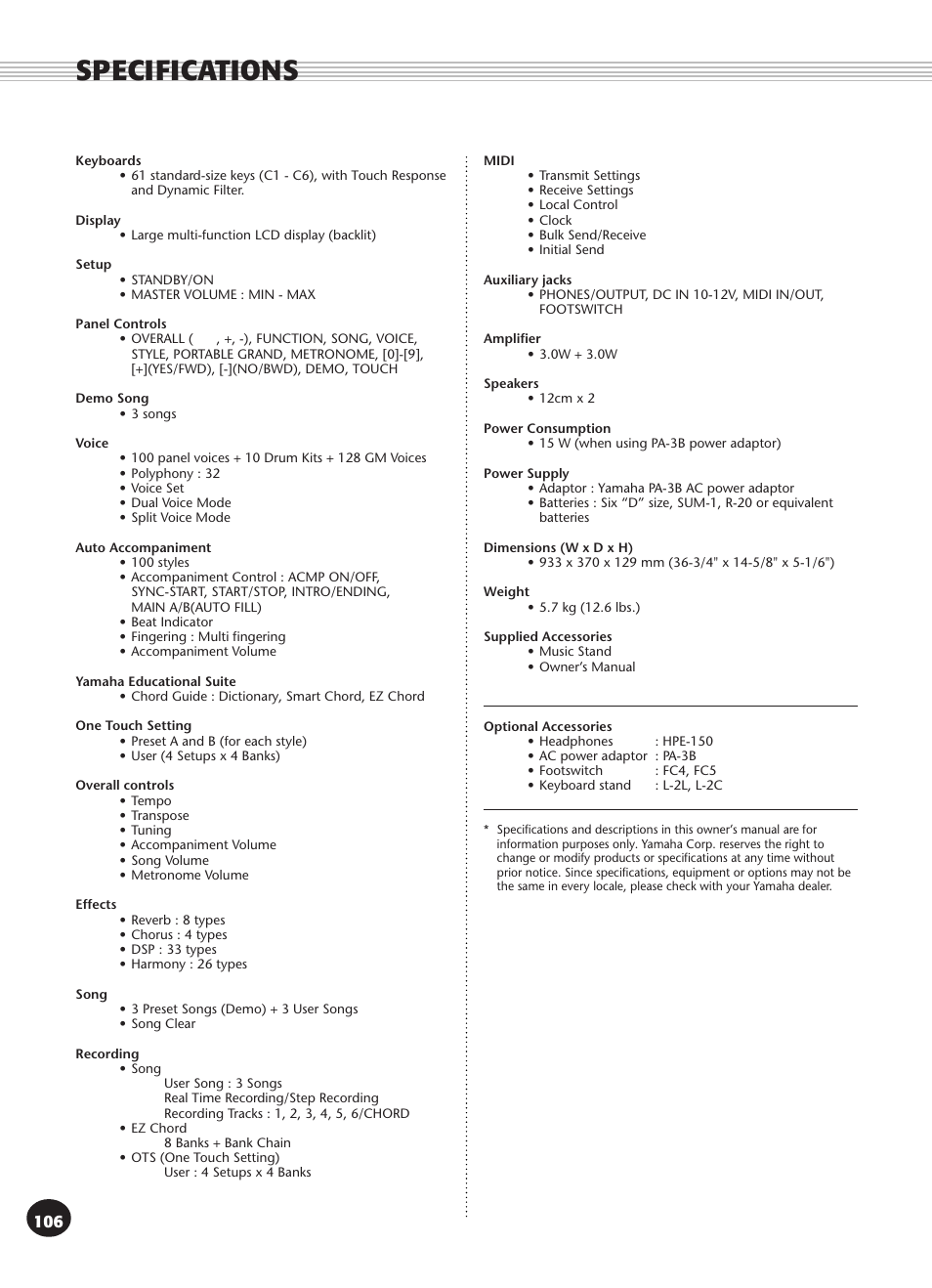 Specifications | Yamaha PSR-270 User Manual | Page 106 / 120