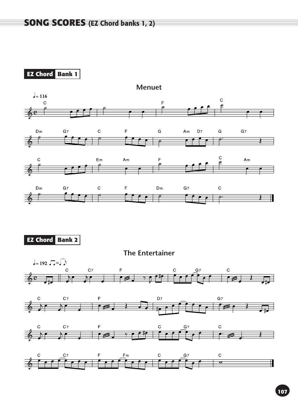 Song scores (ez chord banks 1, 2), Song scores | Yamaha PSR-270 User Manual | Page 107 / 120