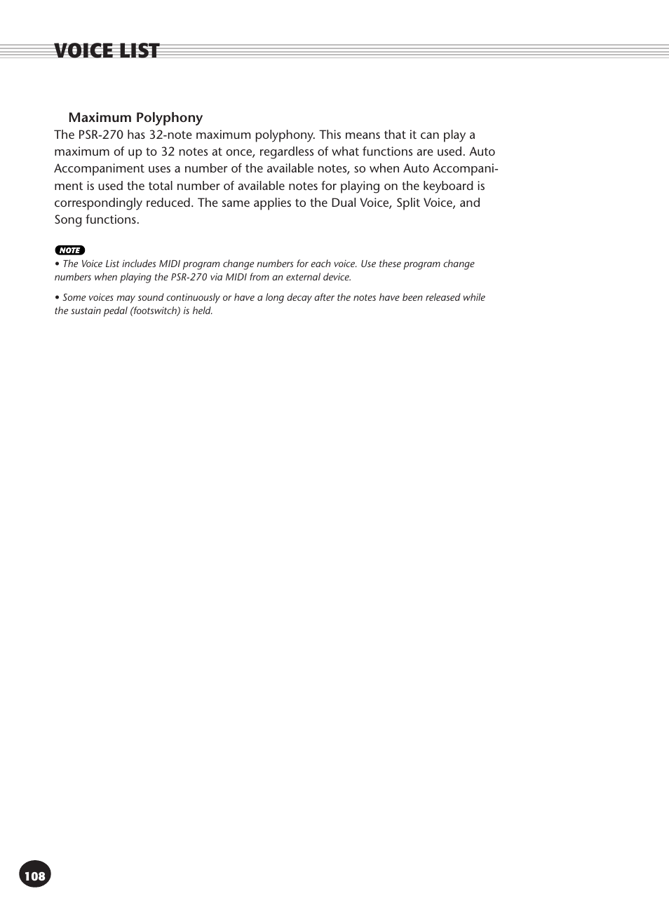 Voice list | Yamaha PSR-270 User Manual | Page 108 / 120