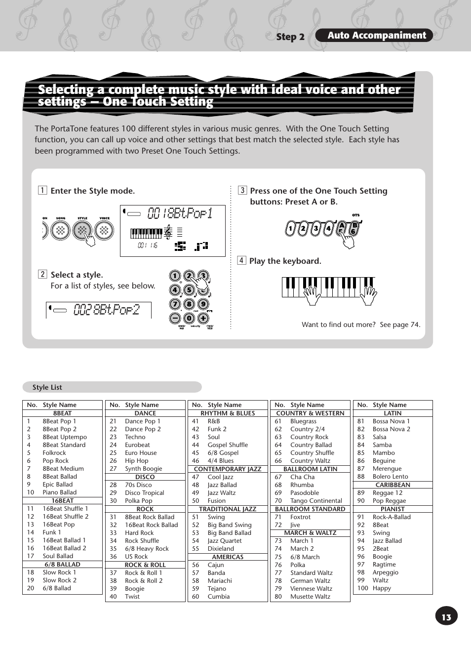 8btpop1, 8btpop2, Step 2 auto accompaniment | Yamaha PSR-270 User Manual | Page 13 / 120