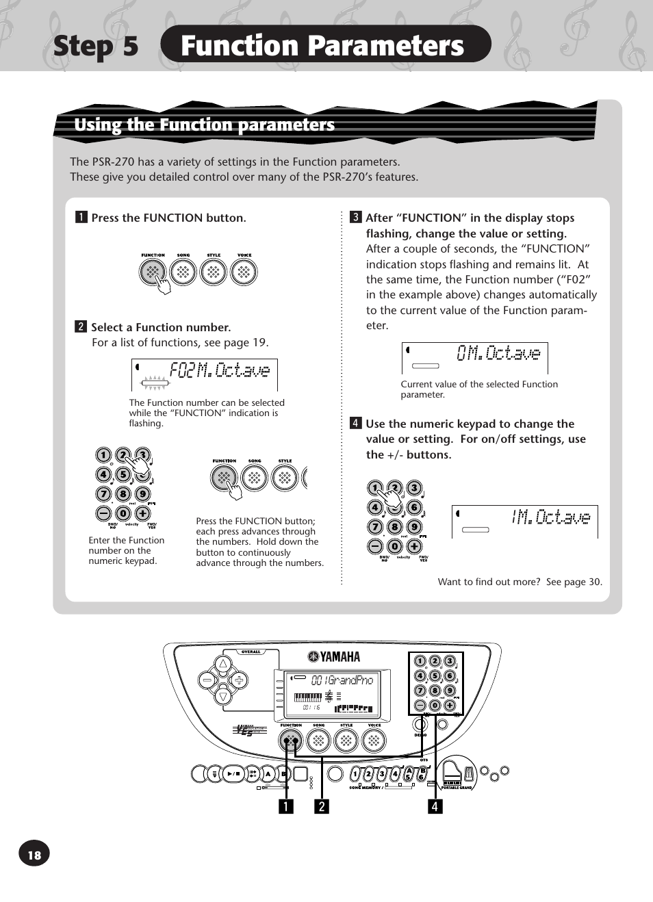 Step 5 function parameters, F02 m.octave, 0m.octave | M.octave, Using the function parameters, Z x v, Grandpno, Press the function button | Yamaha PSR-270 User Manual | Page 18 / 120