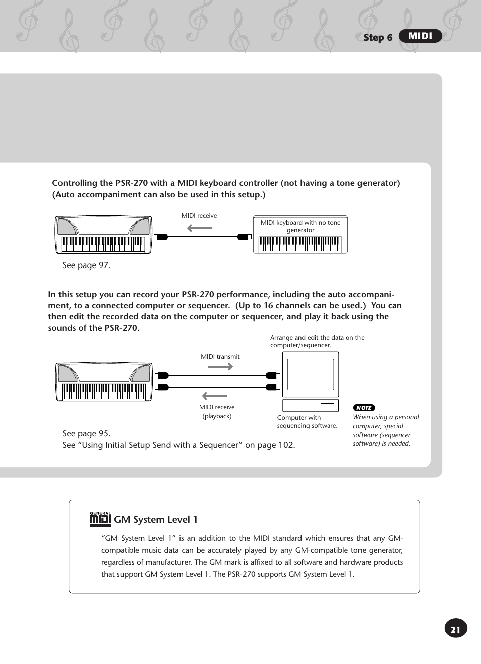 Step 6 midi, Gm system level 1 | Yamaha PSR-270 User Manual | Page 21 / 120