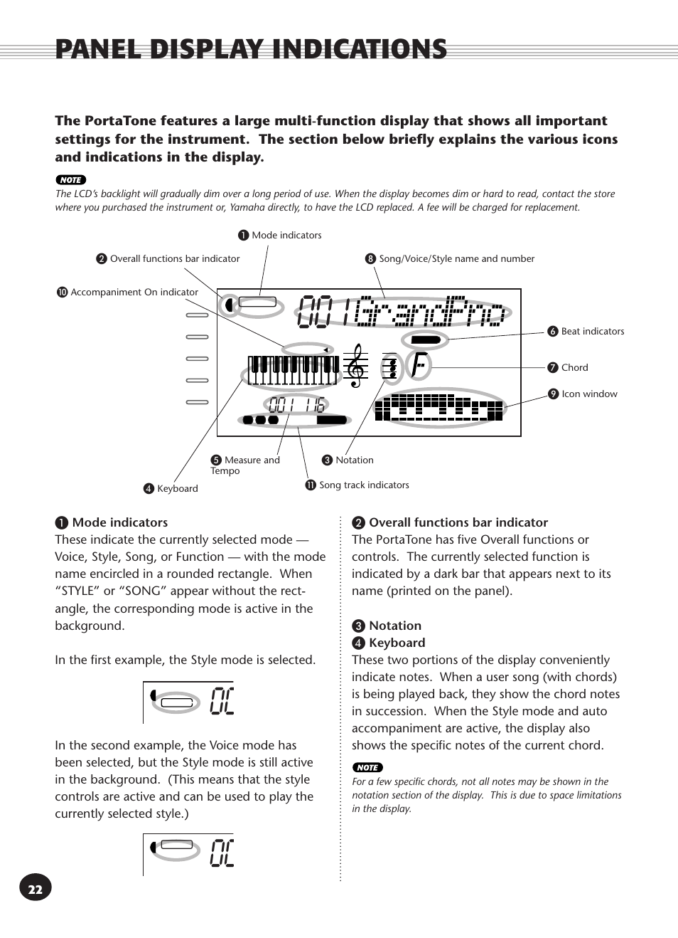 Panel display indications, Panel display indications 22, Grandpno | Yamaha PSR-270 User Manual | Page 22 / 120