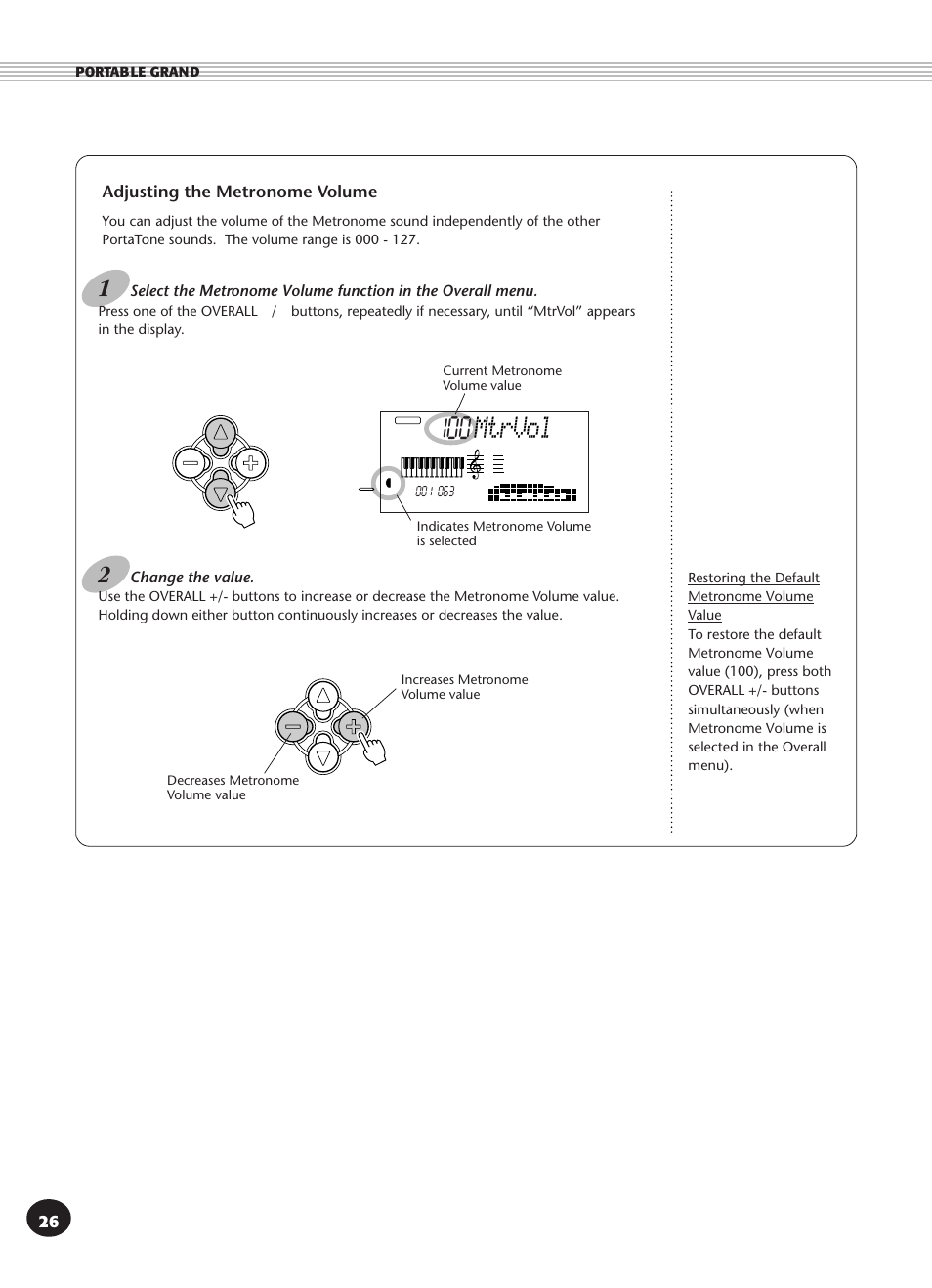 Adjusting the metronome volume, Adjusting the metronome, Volume | Mtrvol | Yamaha PSR-270 User Manual | Page 26 / 120