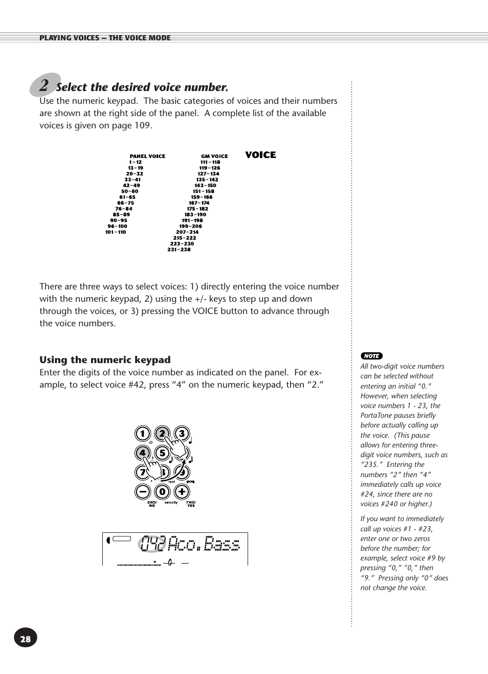 Aco.bass, Select the desired voice number, Using the numeric keypad | Yamaha PSR-270 User Manual | Page 28 / 120