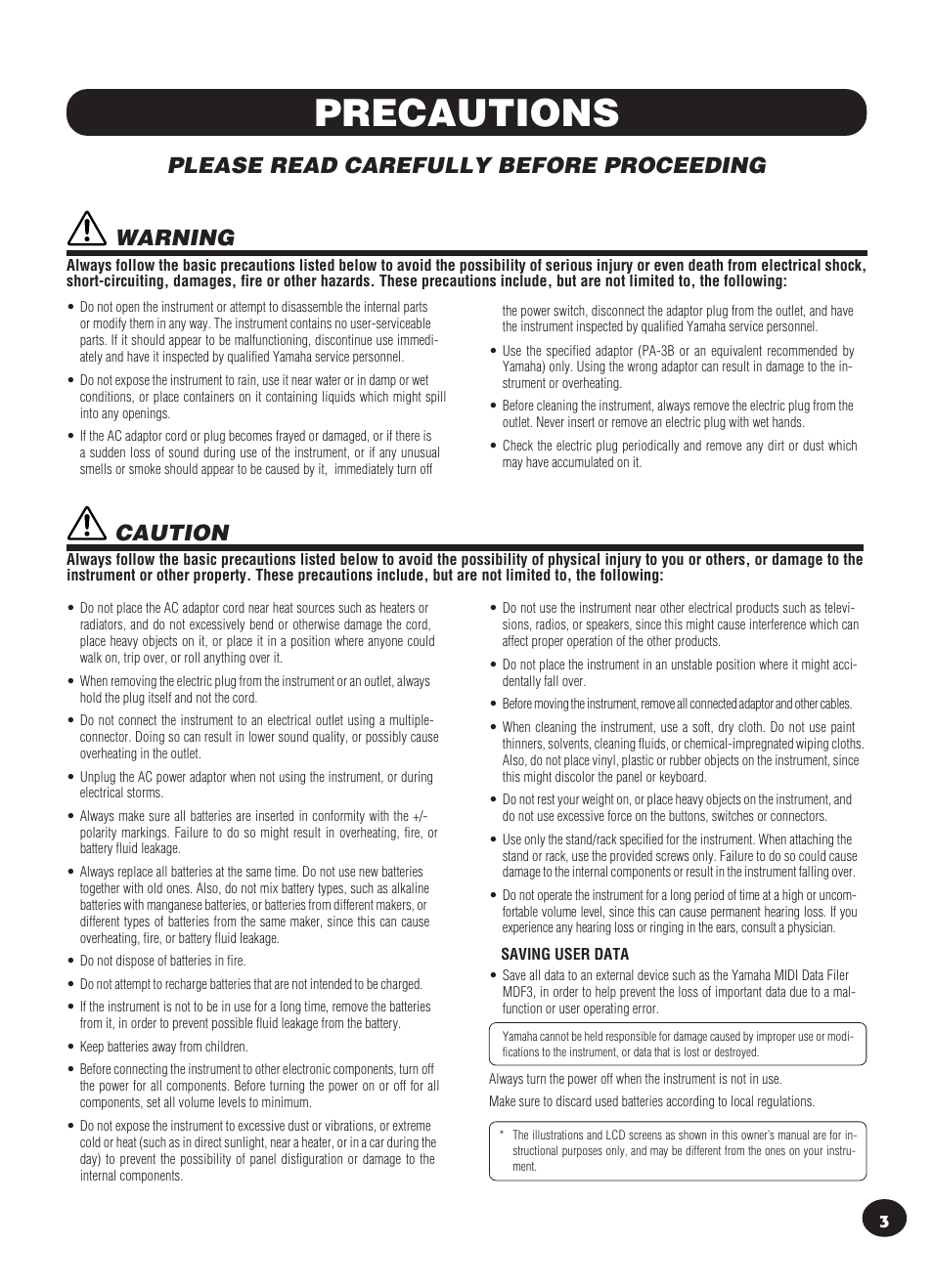 Precautions, Please read carefully before proceeding, Caution | Warning | Yamaha PSR-270 User Manual | Page 3 / 120