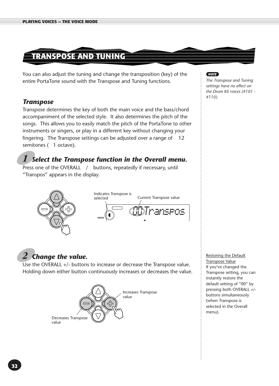 Transpose and tuning, Transpose, 00 transpos | Select the transpose function in the overall menu, Change the value | Yamaha PSR-270 User Manual | Page 32 / 120