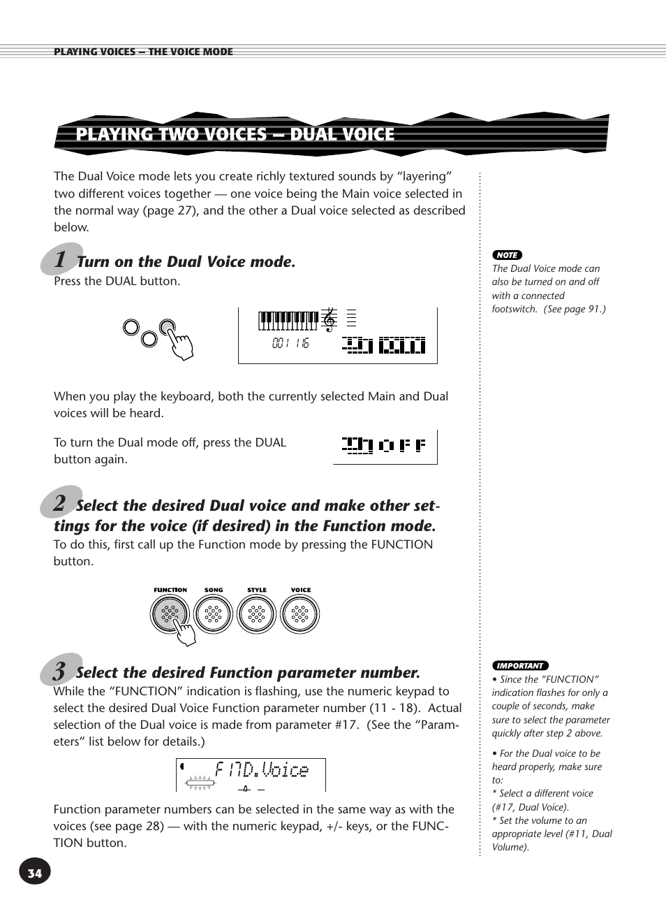 Playing two voices -- dual voice, Playing two voices — dual voice, F17 d.voice | Turn on the dual voice mode, Select the desired function parameter number | Yamaha PSR-270 User Manual | Page 34 / 120